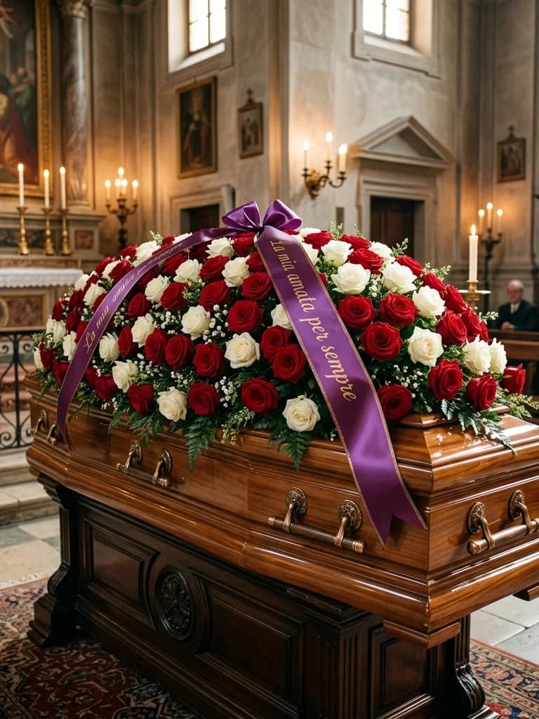 Nastro commemorativo, composizione floreale per funerale e camera ardente, con foto di conferma su WhatsApp
