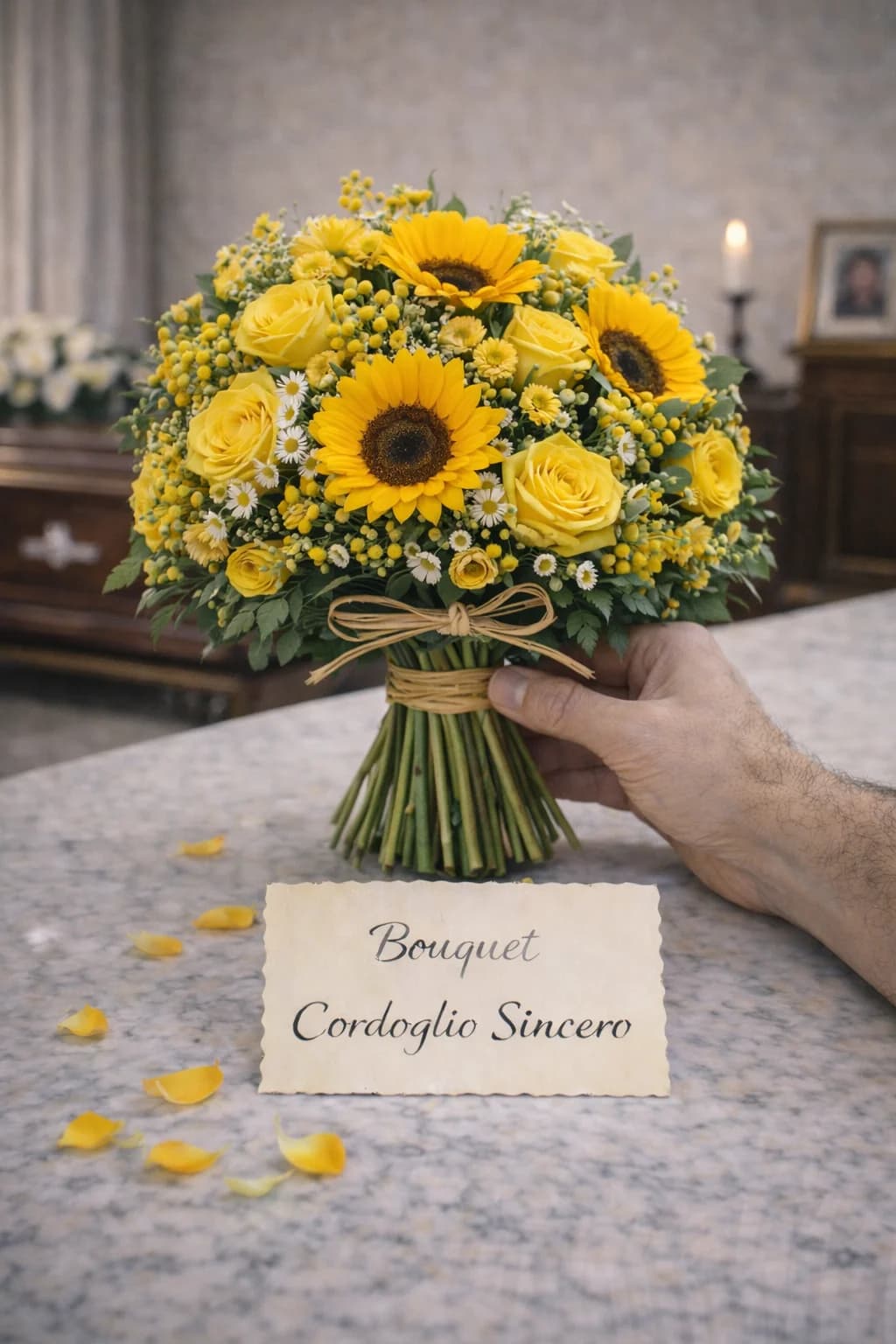Bouquet Cordoglio Sincero, composizione floreale per funerale e camera ardente, con foto di conferma su WhatsApp