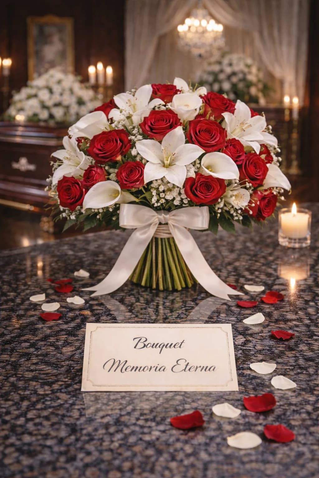 Bouquet Memoria Eterna, composizione floreale per funerale e camera ardente, con foto di conferma su WhatsApp