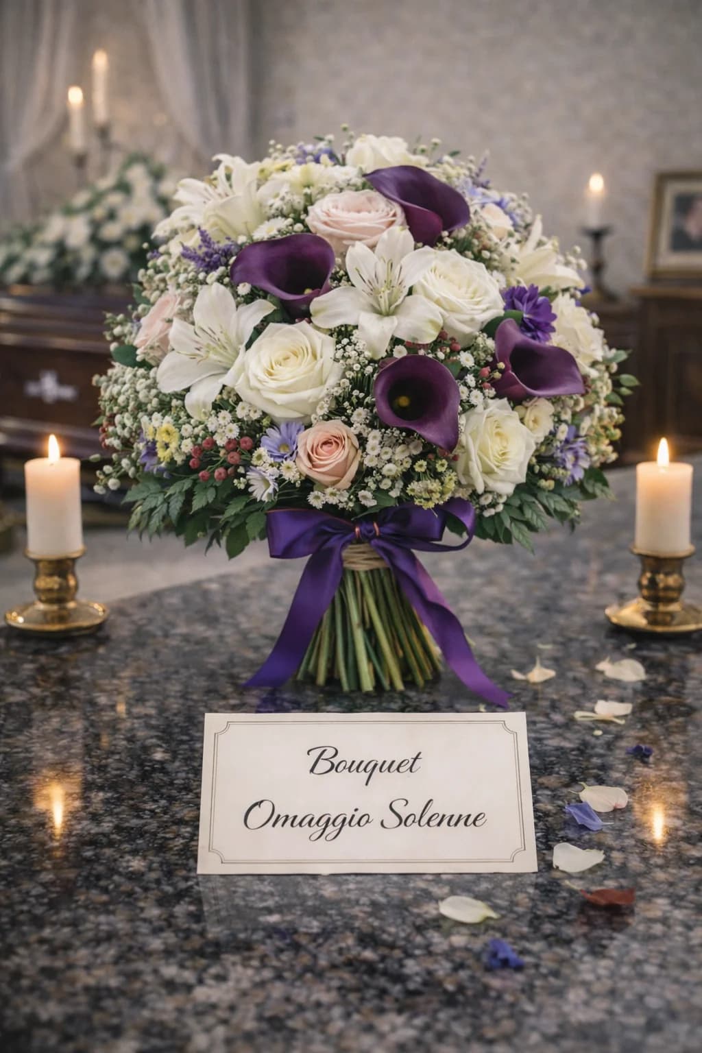Bouquet Omaggio Solenne, composizione floreale per funerale e camera ardente, con foto di conferma su WhatsApp