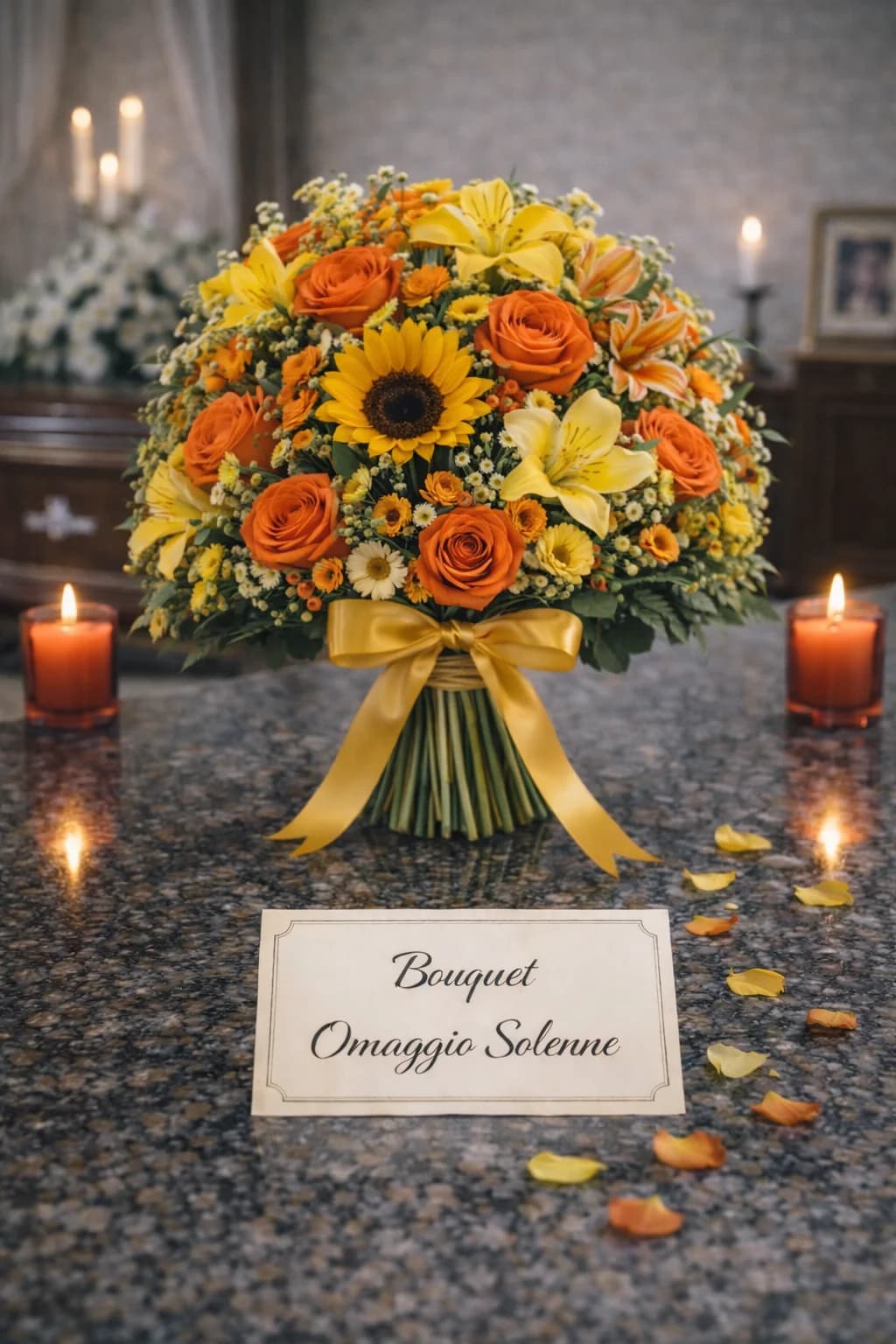 Bouquet Omaggio Solenne, composizione floreale per funerale e camera ardente, con foto di conferma su WhatsApp