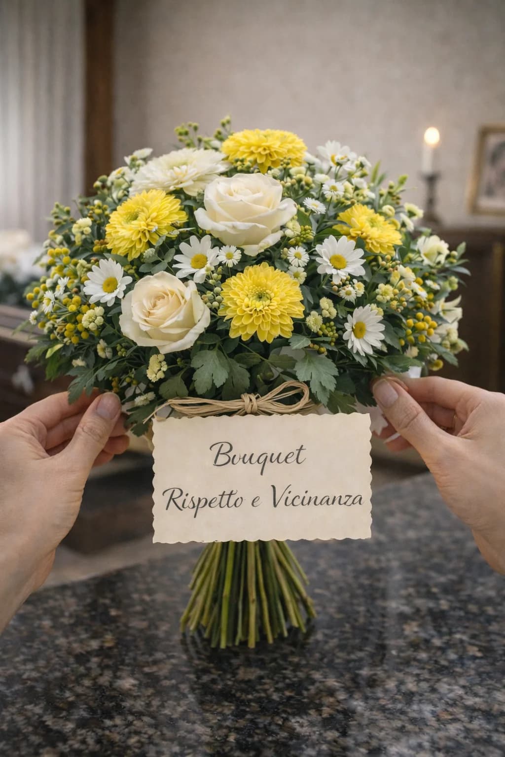 Bouquet Rispetto e Vicinanza, composizione floreale per funerale e camera ardente, con foto di conferma su WhatsApp