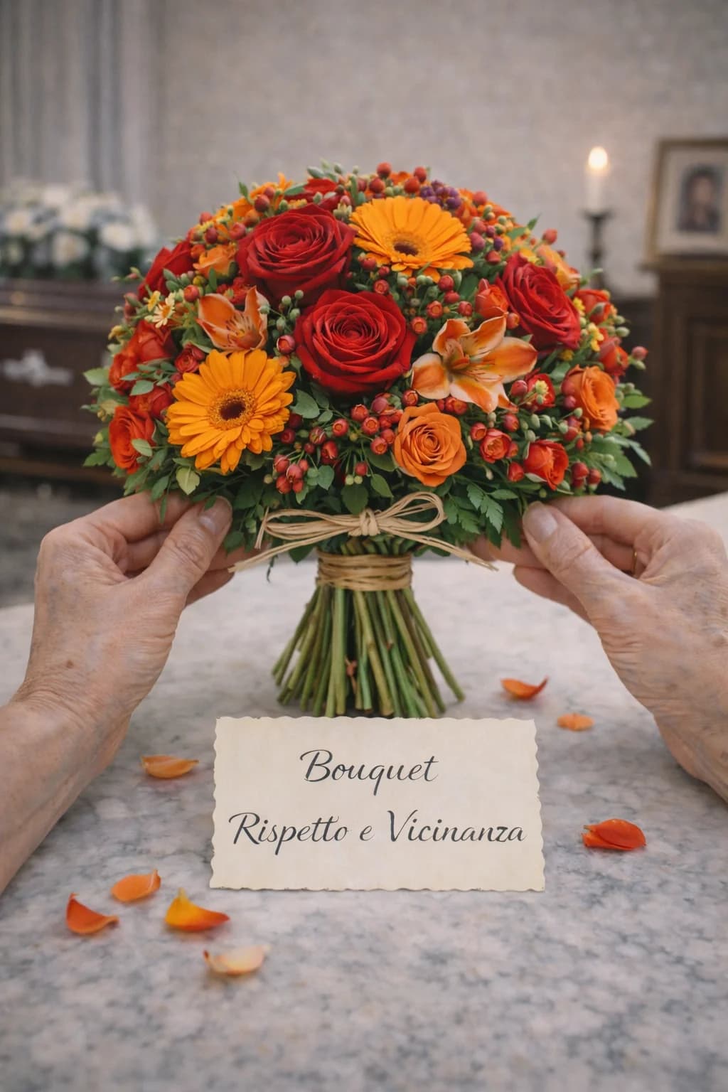 Bouquet Rispetto e Vicinanza, composizione floreale per funerale e camera ardente, con foto di conferma su WhatsApp