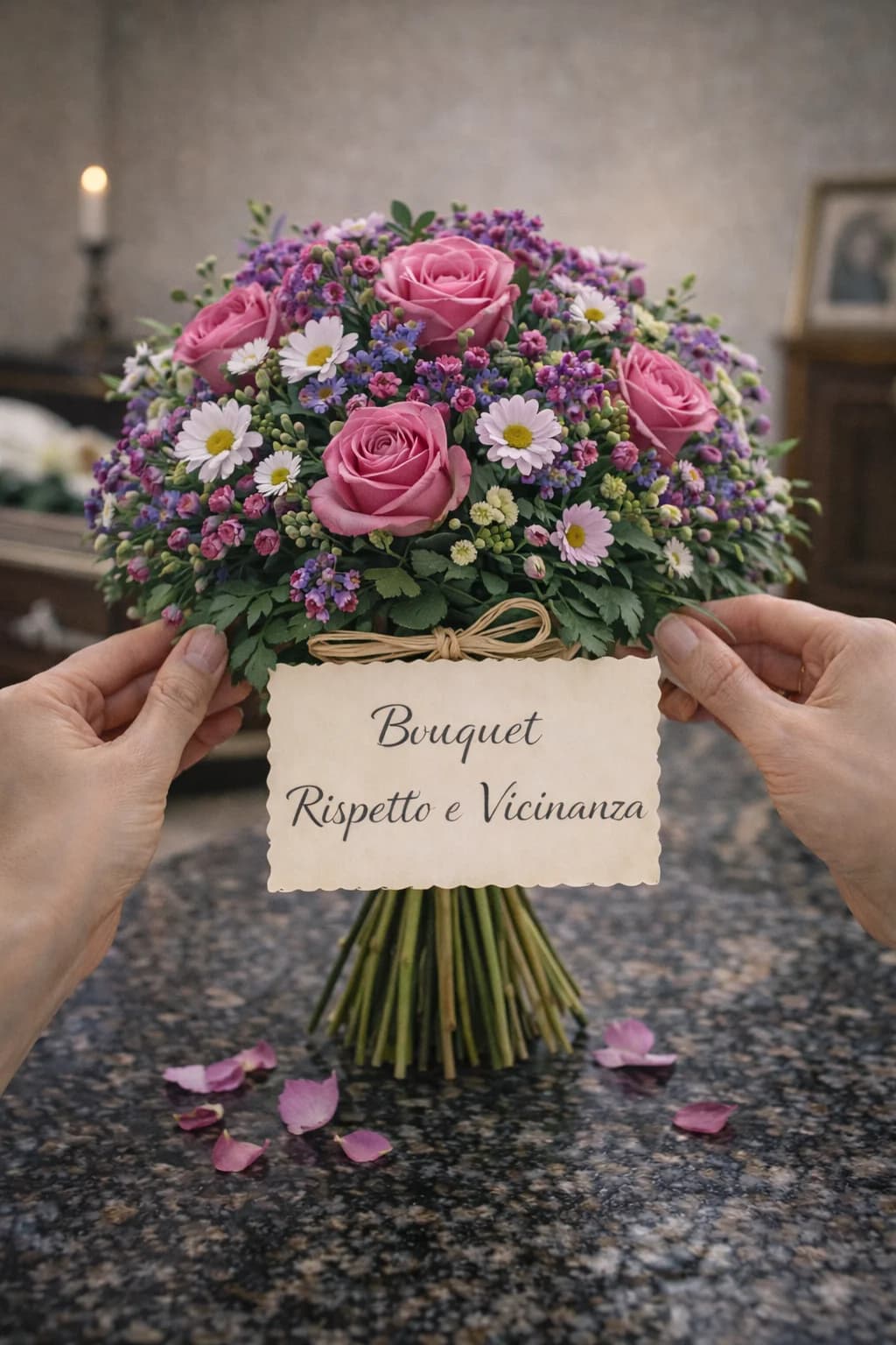 Bouquet Rispetto e Vicinanza, composizione floreale per funerale e camera ardente, con foto di conferma su WhatsApp