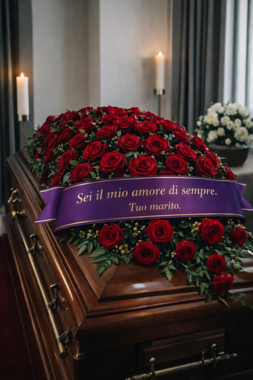 Copribara, composizione floreale per funerale e camera ardente, con foto di conferma su WhatsApp
