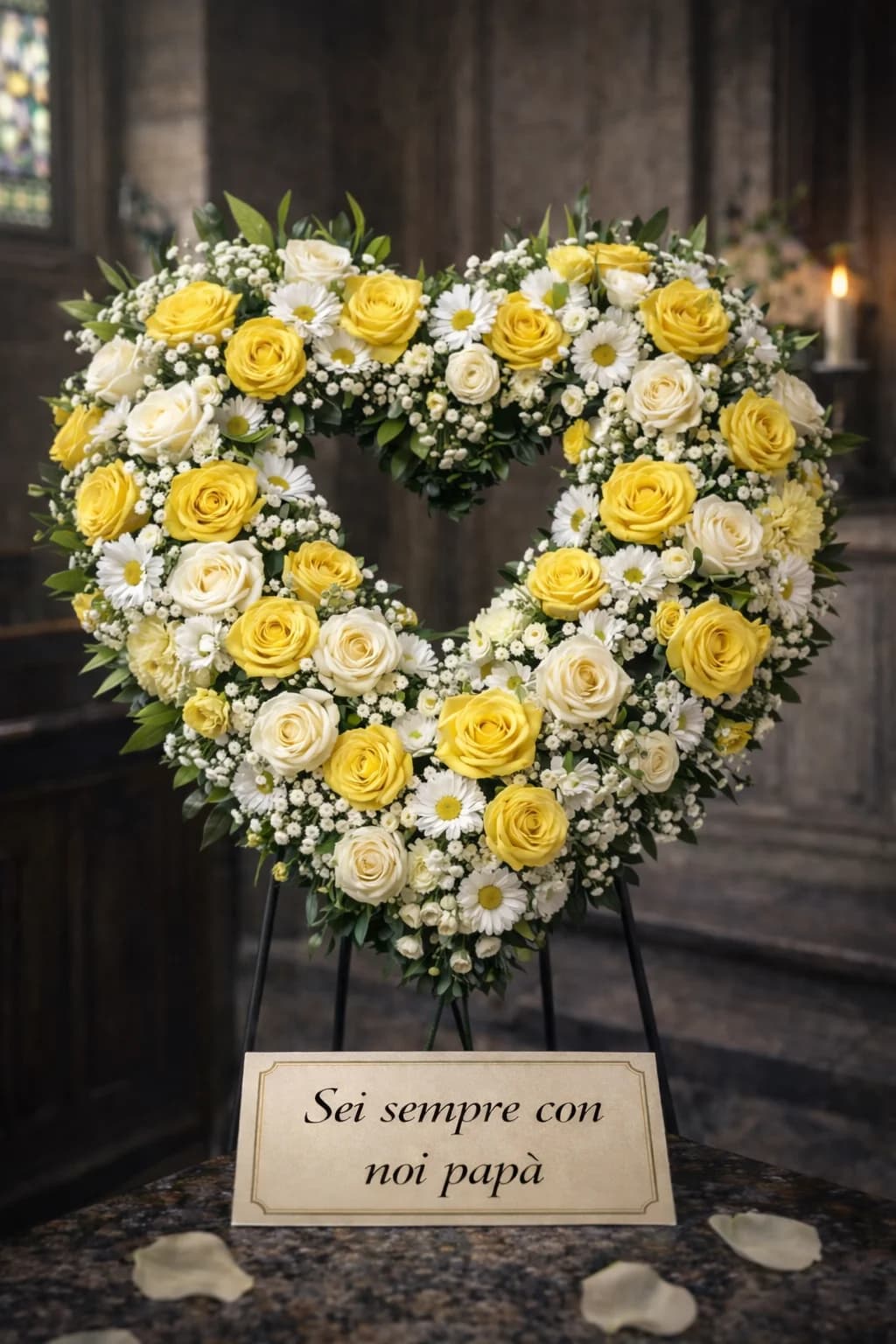 Cuore / Corona, composizione floreale per funerale e camera ardente, con foto di conferma su WhatsApp