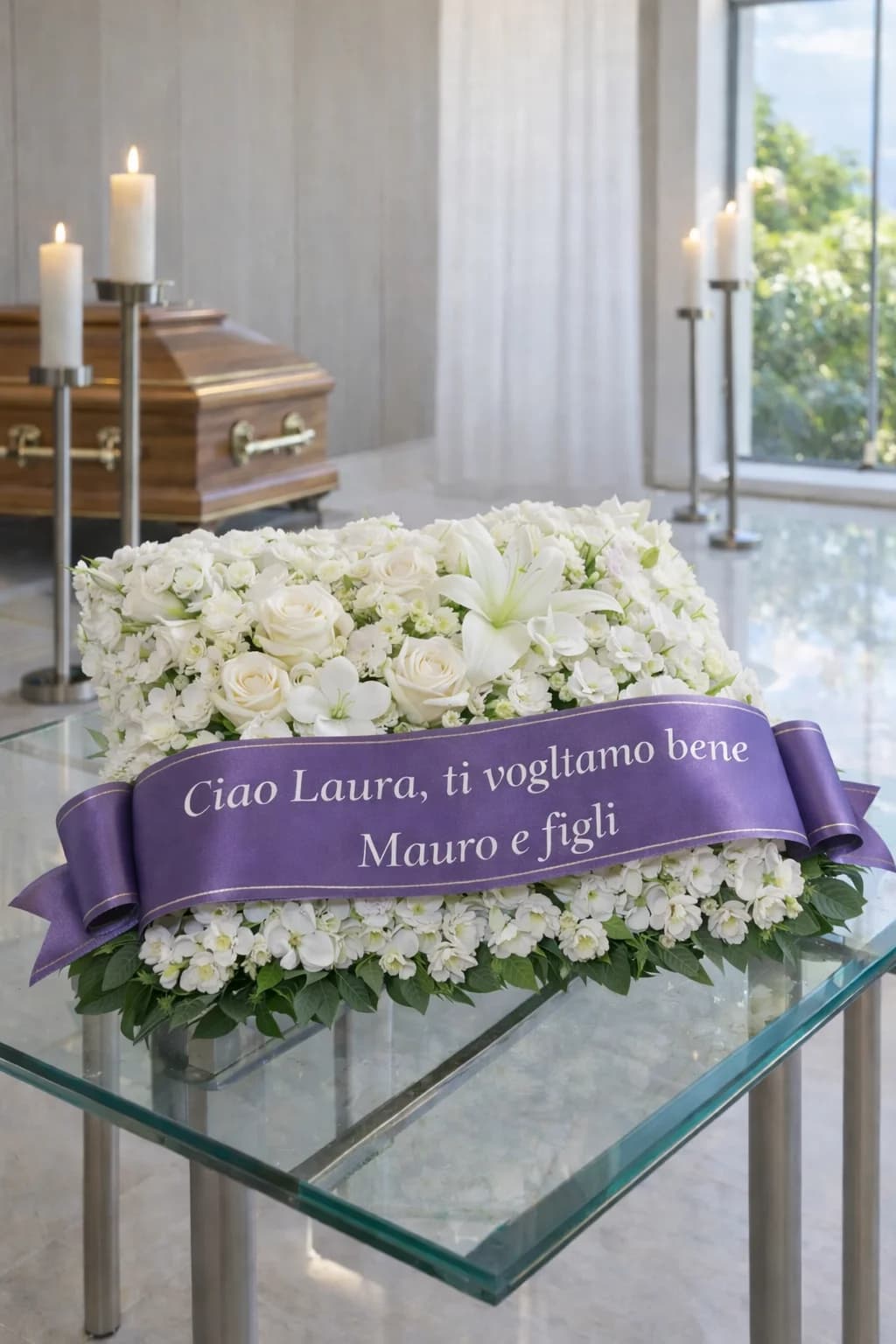 Cuscino, composizione floreale per funerale e camera ardente, con foto di conferma su WhatsApp
