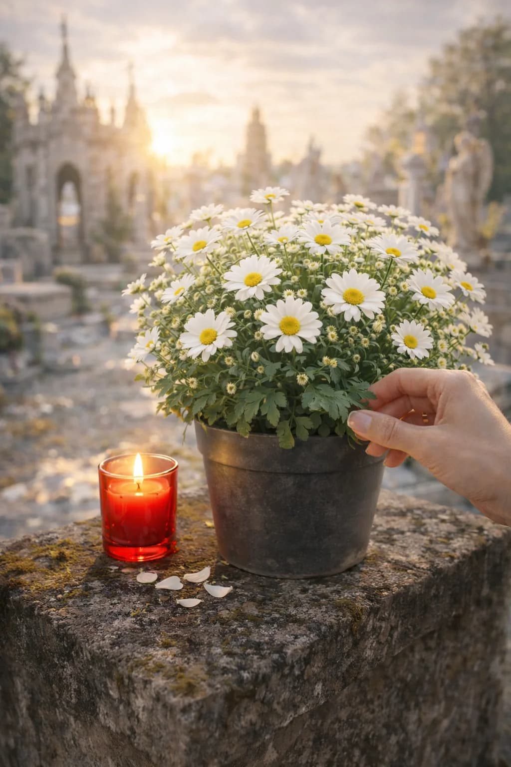 Margherite/Gerbere (pianta in vaso), omaggio floreale con consegna al cimitero, con foto di conferma su WhatsApp